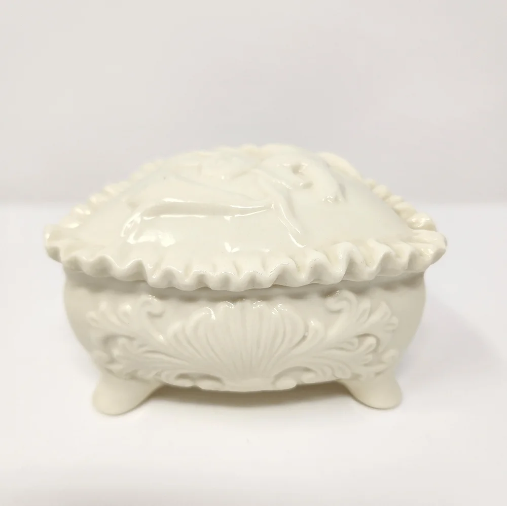 Vintage White Ceramic Glazed Footed Floral Trinket Box